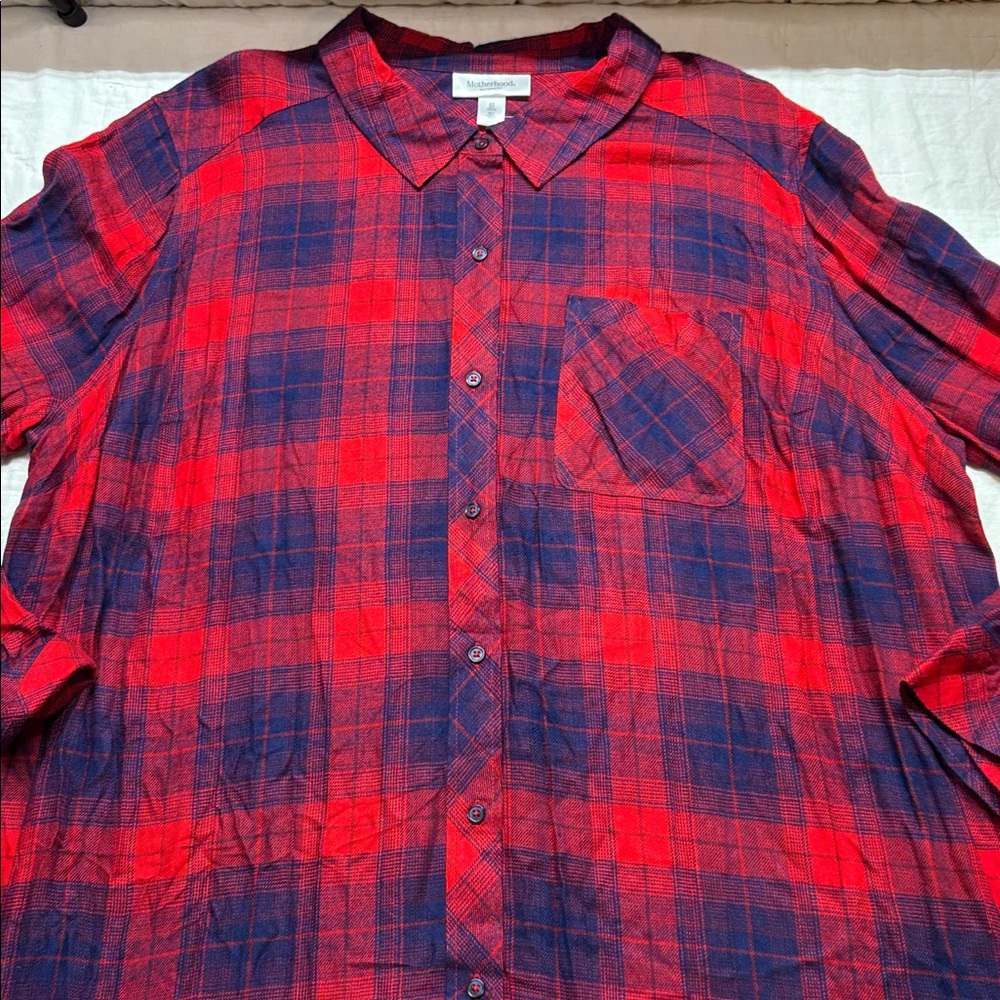 Motherhood Maternity 2X Red & Blue Plaid Long Sleeve Button Down Tunic Shirt NWT
